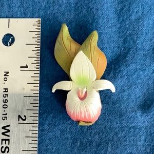 Lady Slipper Leather Floral Brooch with Green and Pink Accents